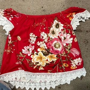 Red floral with white lace trim off the shoulder shirt